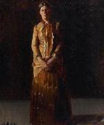 Michael Ancher Portrait of Anna Ancher Standing in a Yellow Dress by her husband Michael Ancher oil painting